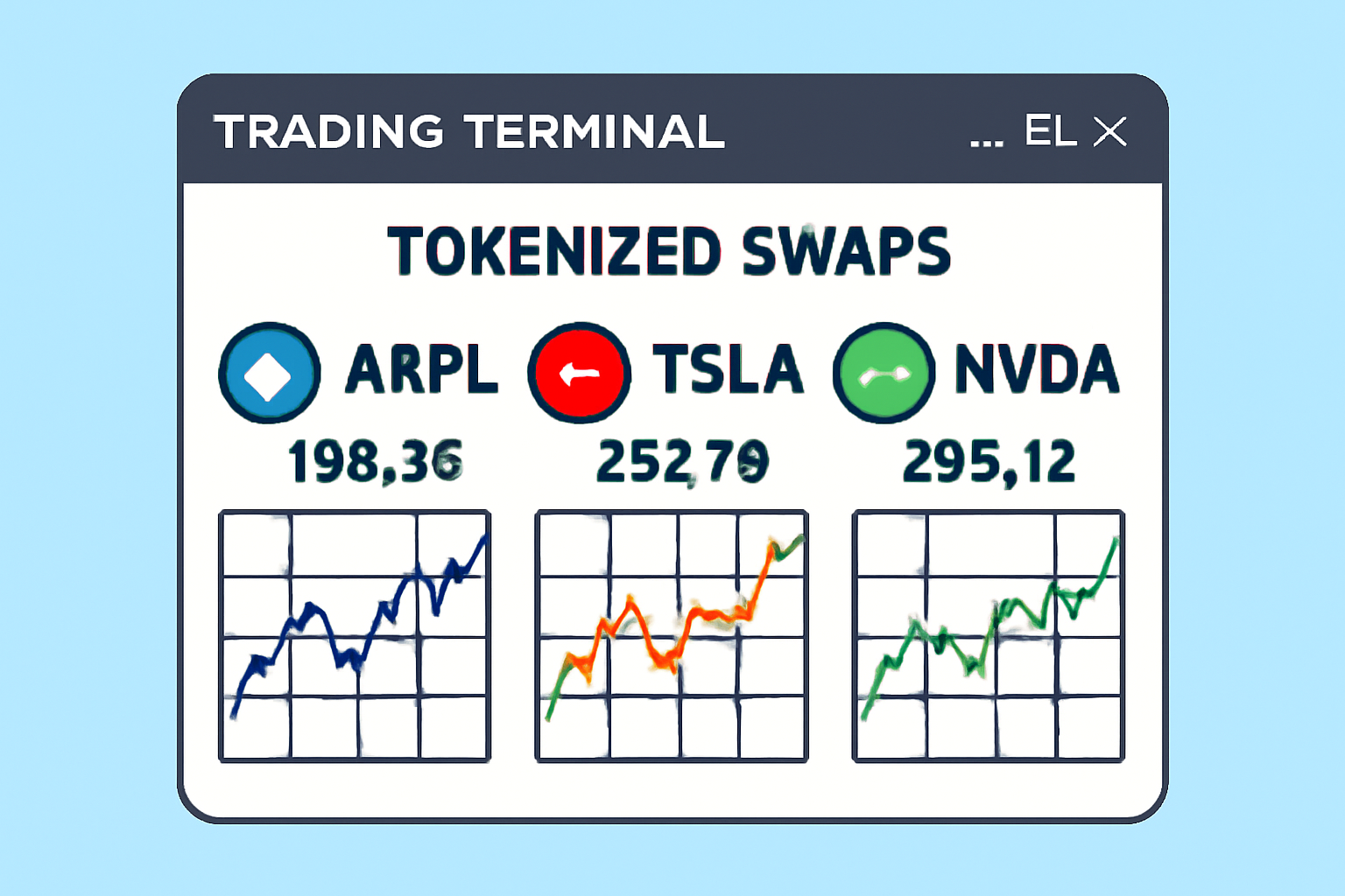 trading terminal showing tokenized AAPL TSLA NVDA swaps with price charts