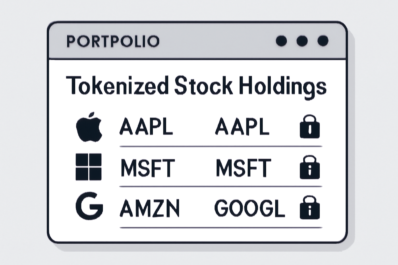 portfolio dashboard displaying tokenized stock holdings with security locks