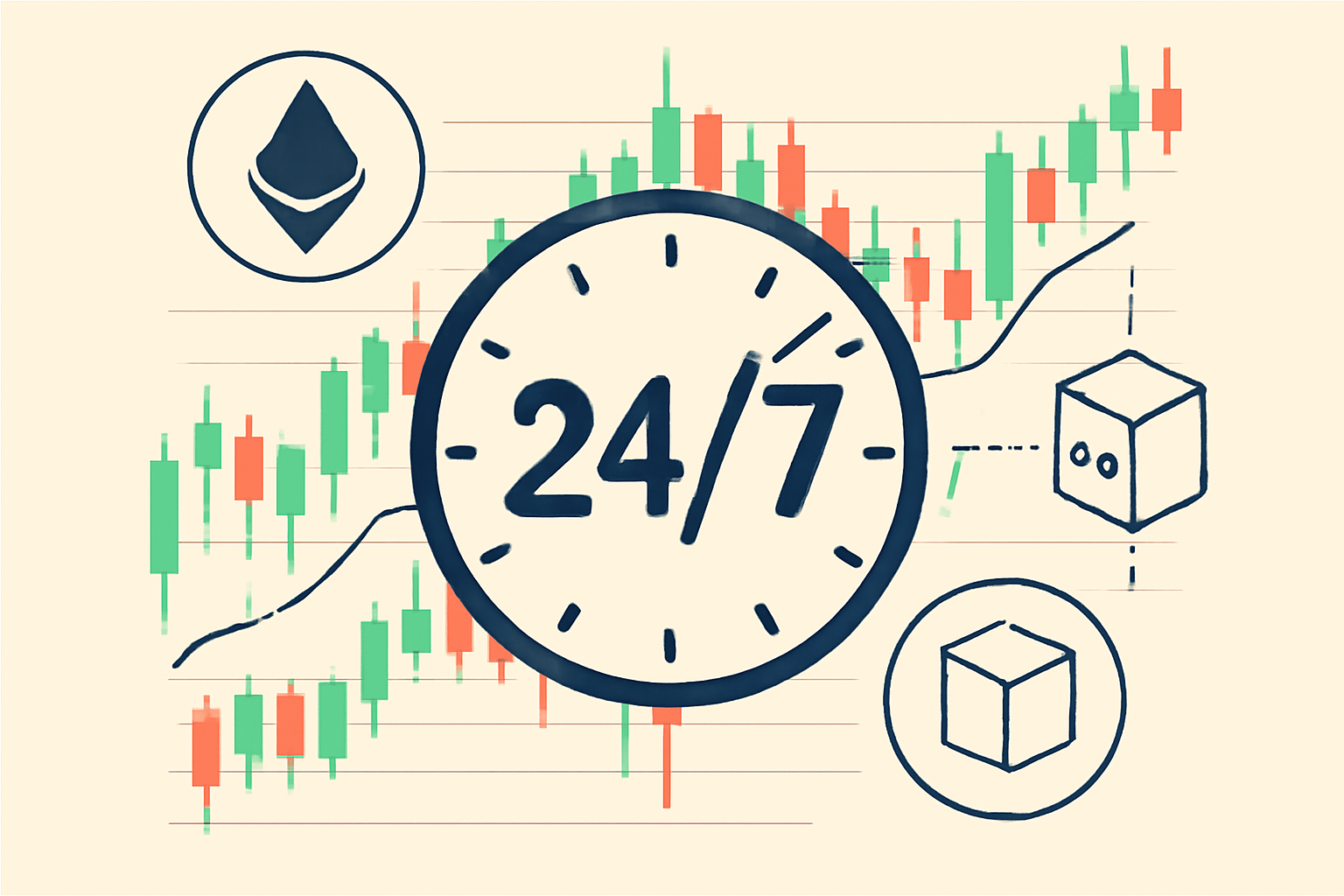 24/7 clock overlay on stock trading charts with Ethereum blockchain elements
