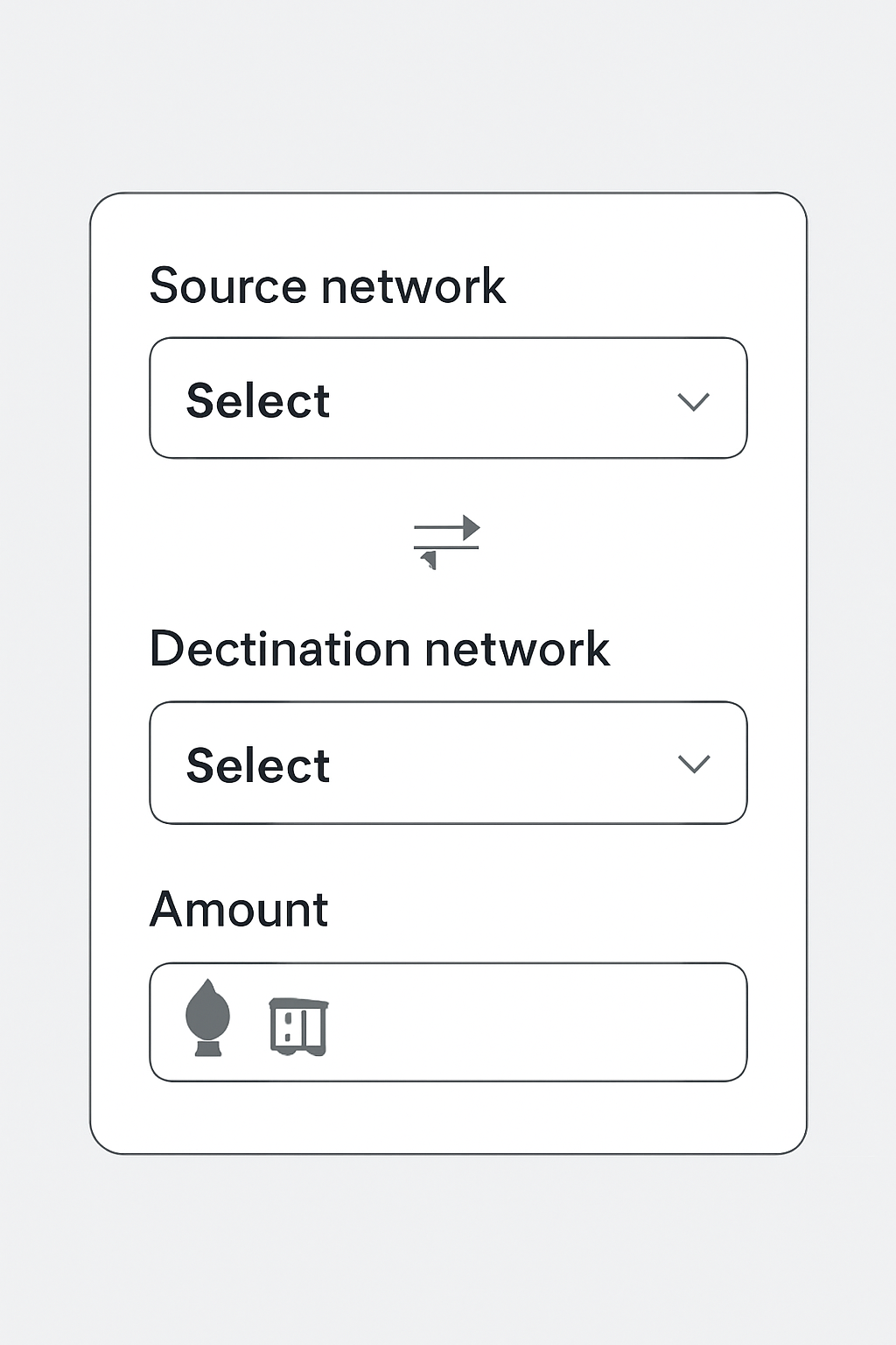 A form with dropdown menus for source and destination networks, ETH selected, and an amount entry field, in a clean interface illustration.