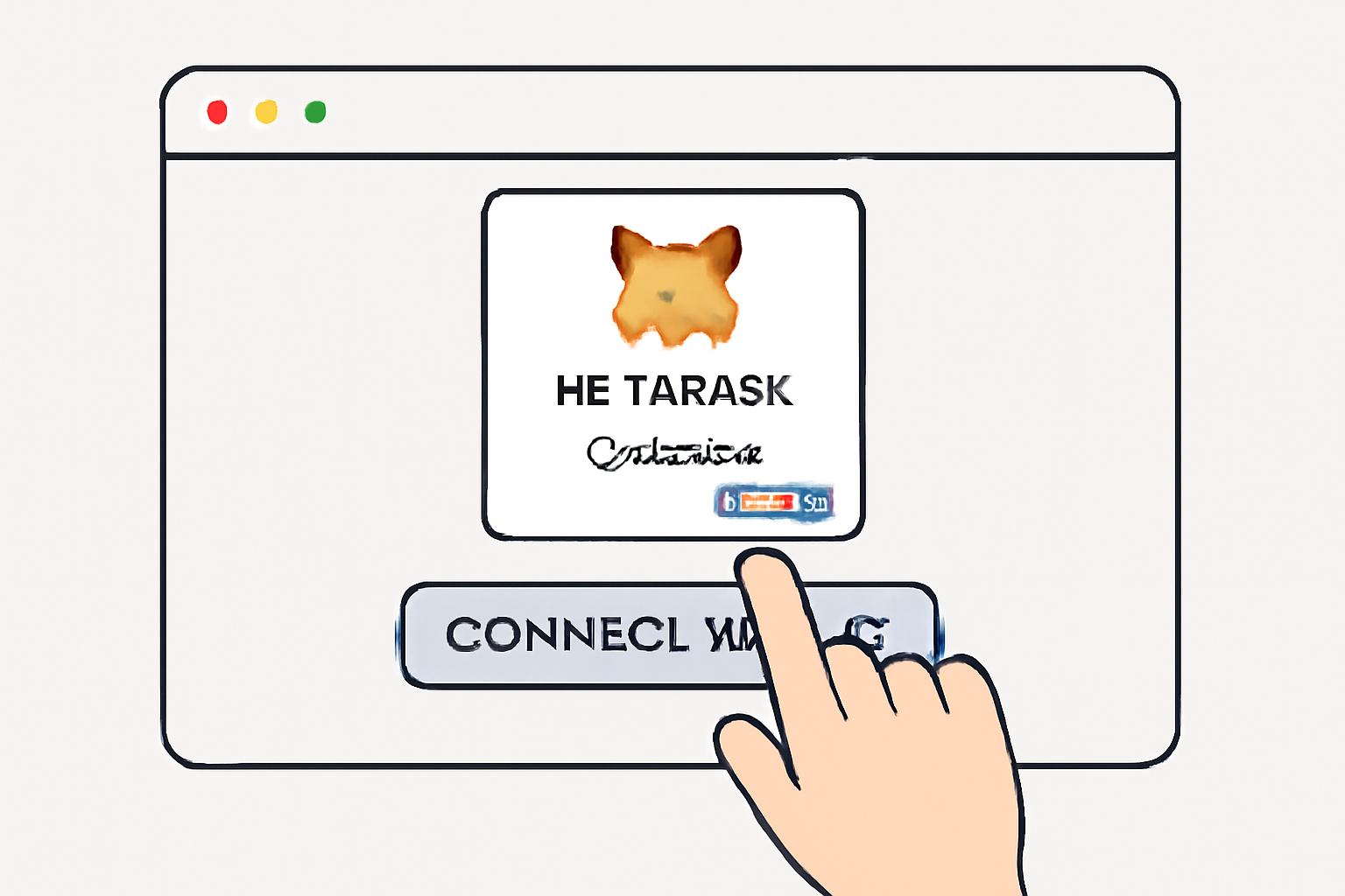 A hand clicking 'Connect Wallet' on a website, with the MetaMask fox logo and confirmation pop-up, in a user-friendly style.