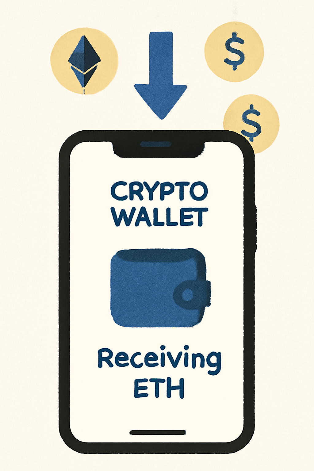 A smartphone showing a crypto wallet receiving ETH, with Ethereum logos and dollar symbols, in a simple illustrative style.