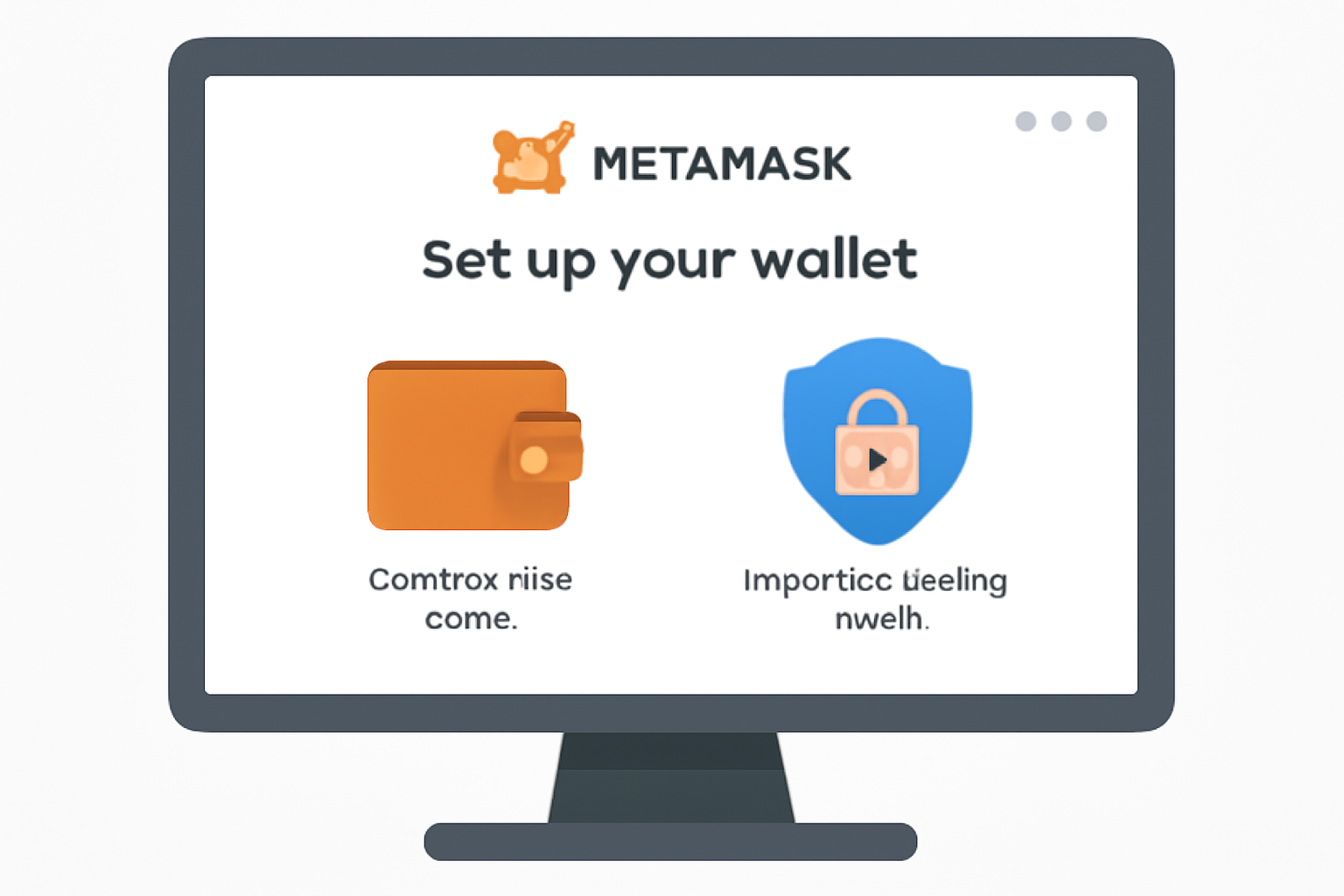 A computer screen displaying the MetaMask extension setup process, with a digital wallet and security icons, in a clean modern style.