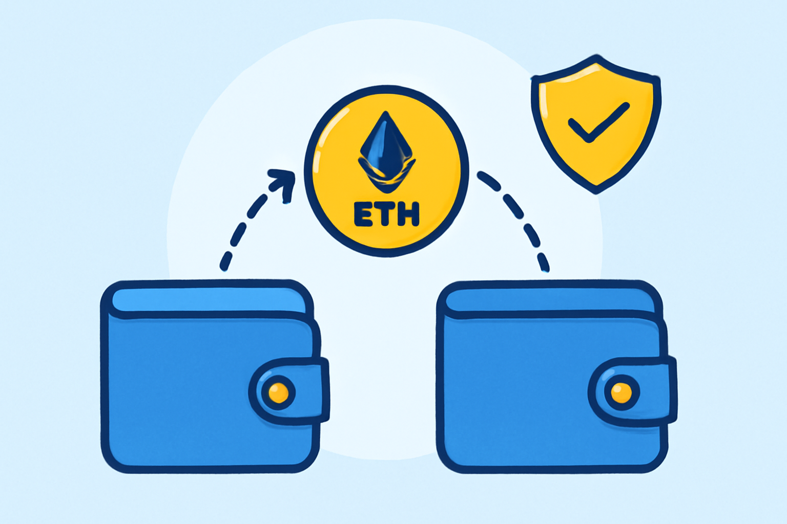 A small ETH coin being transferred between two wallets, with a shield icon for safety, in a reassuring, educational style.
