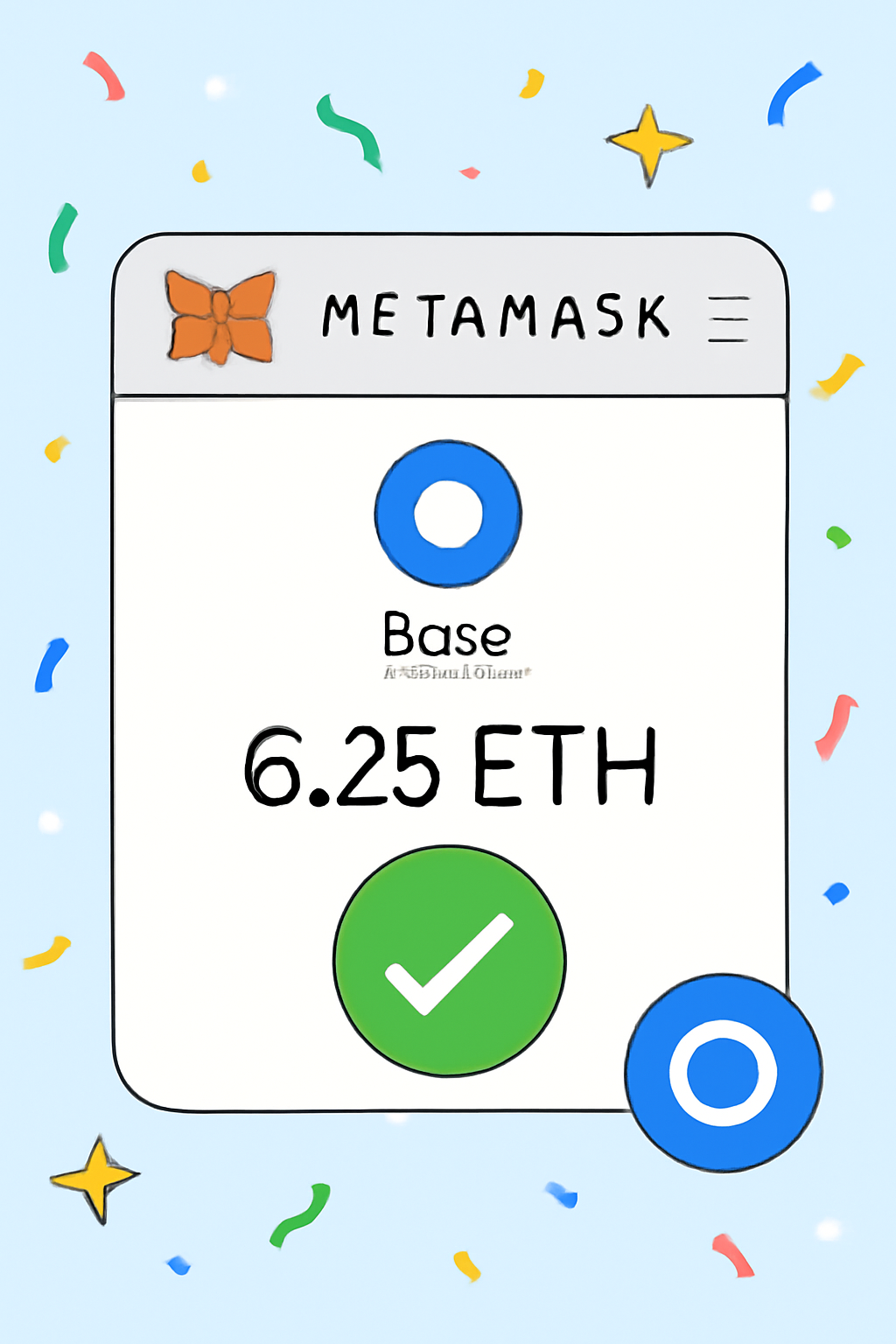 A MetaMask wallet showing ETH balance on the Base network, with a green checkmark and Base logo, in a clear and celebratory illustration.