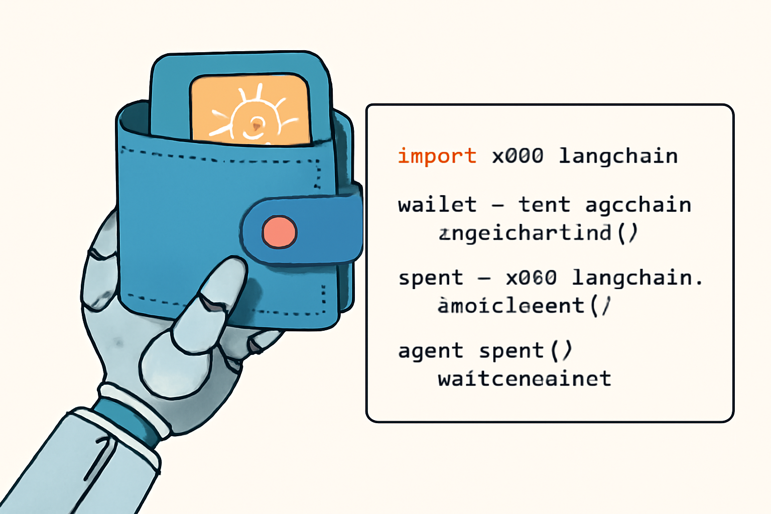 A robot hand holding a digital wallet, interacting with a Python code snippet showing x402-langchain agent setup