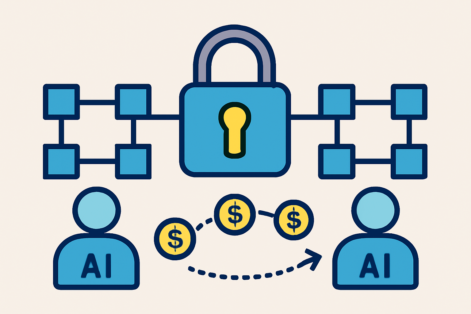 A digital lock overlaying a blockchain network, with tokens flowing securely between AI agents