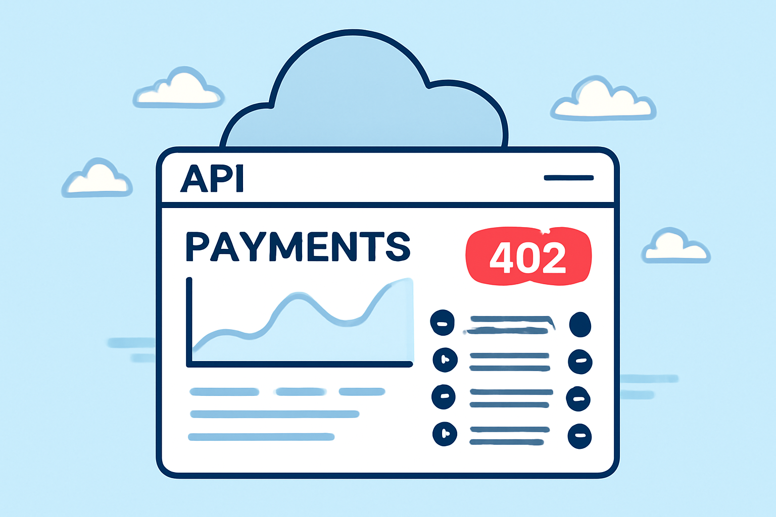 A cloud-based API dashboard showing payment transactions being processed automatically, with HTTP 402 highlighted