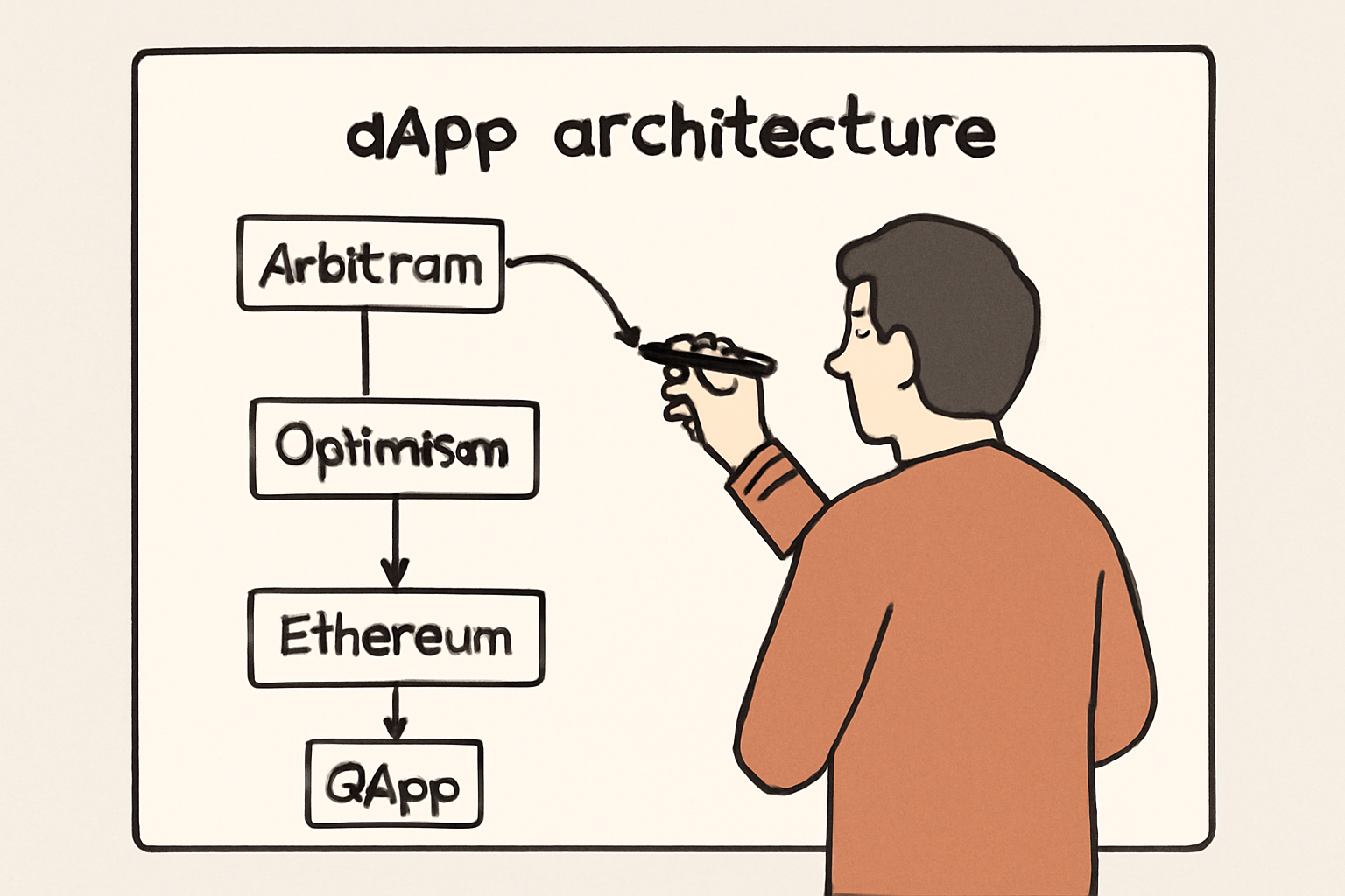A whiteboard with interconnected blockchains labeled 'Arbitrum', 'Optimism', 'Ethereum', and a developer planning a dApp architecture.