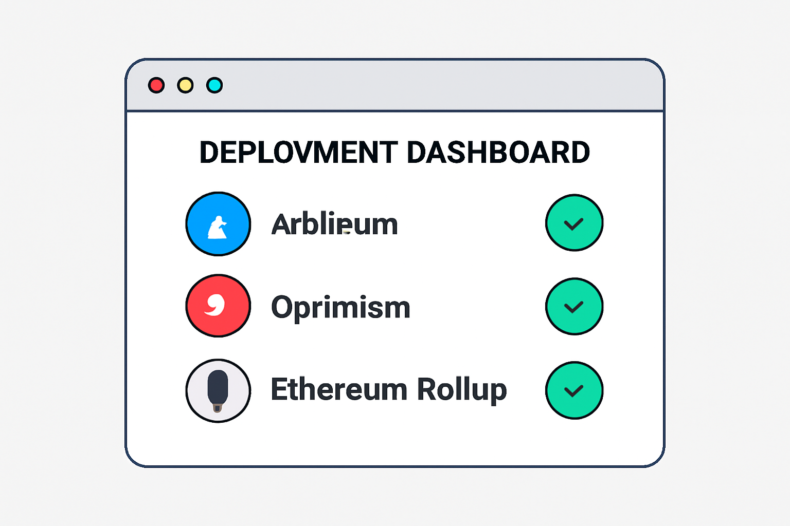A deployment dashboard showing successful contract deployments to Arbitrum, Optimism, and Ethereum rollups.