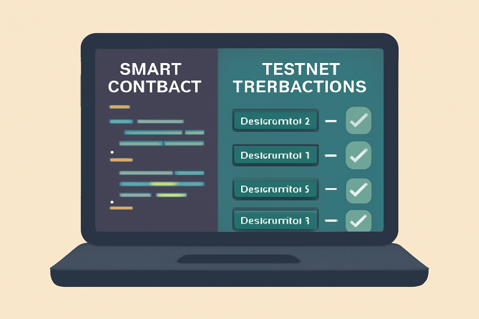 A laptop screen showing smart contract code and testnet transactions between different blockchains, with checkmarks for successful tests.