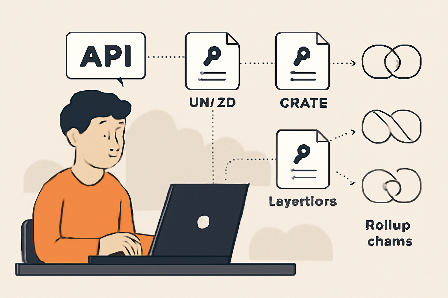 A developer integrating APIs and smart contracts labeled UAT20, CRATE, and LayerZero, connecting multiple rollup chains.