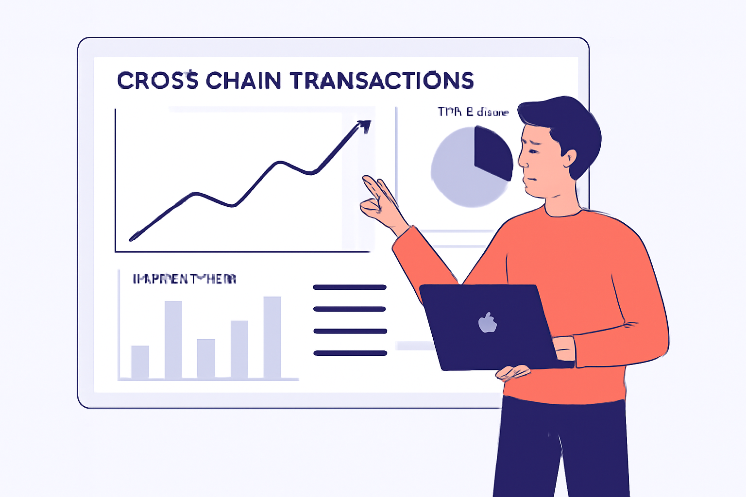 A dashboard with analytics charts tracking cross-chain transactions, liquidity, and user activity, with a developer making adjustments.