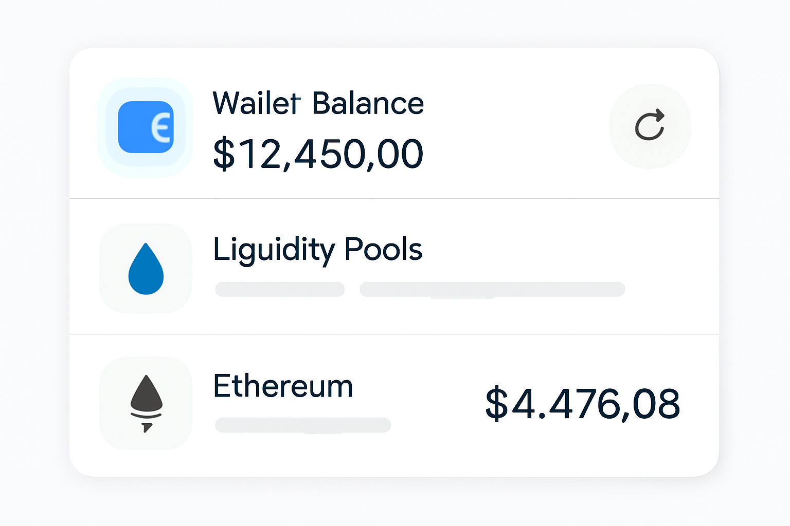 A user interface showing a unified wallet balance, liquidity pools, and a live Ethereum price of $4,476.08.
