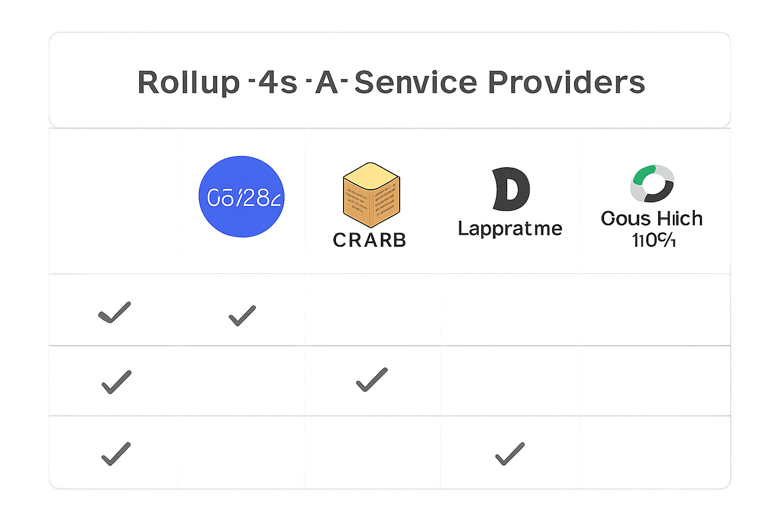 A dashboard comparing Rollup-As-A-Service providers, with logos of UAT20, CRATE, LayerZero, Omnichain Web, and Entangled Rollups.
