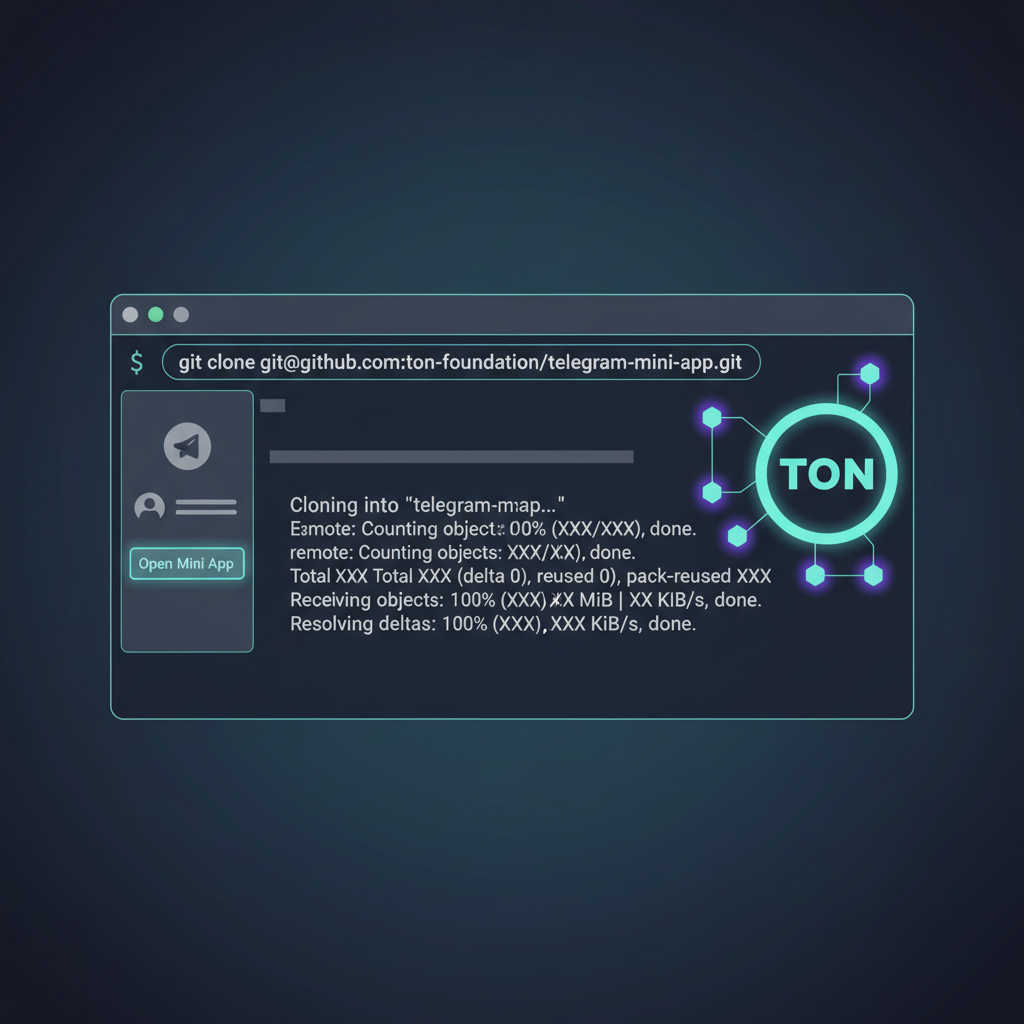 futuristic terminal cloning GitHub repo with glowing TON blockchain icons and Telegram Mini App UI