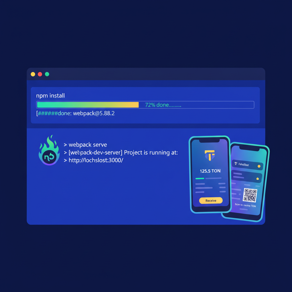 vibrant terminal with npm install progress bar and dev server launching, Node.js flames, TON wallet previews