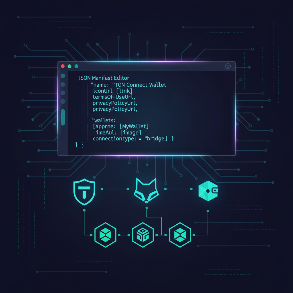 glowing JSON editor with TON Connect manifest, wallet icons connecting to blockchain nodes, cyberpunk style