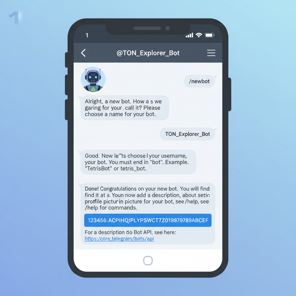 Telegram mobile chat with @BotFather creating bot, token reveal, futuristic bot avatar with TON symbols