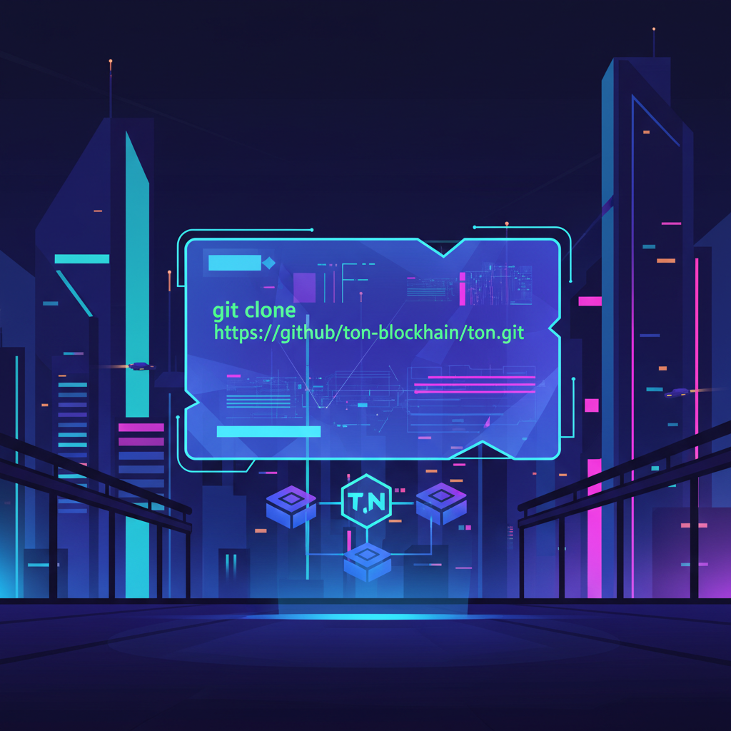 futuristic git clone command on holographic screen, neon TON blockchain vibes, cyberpunk style