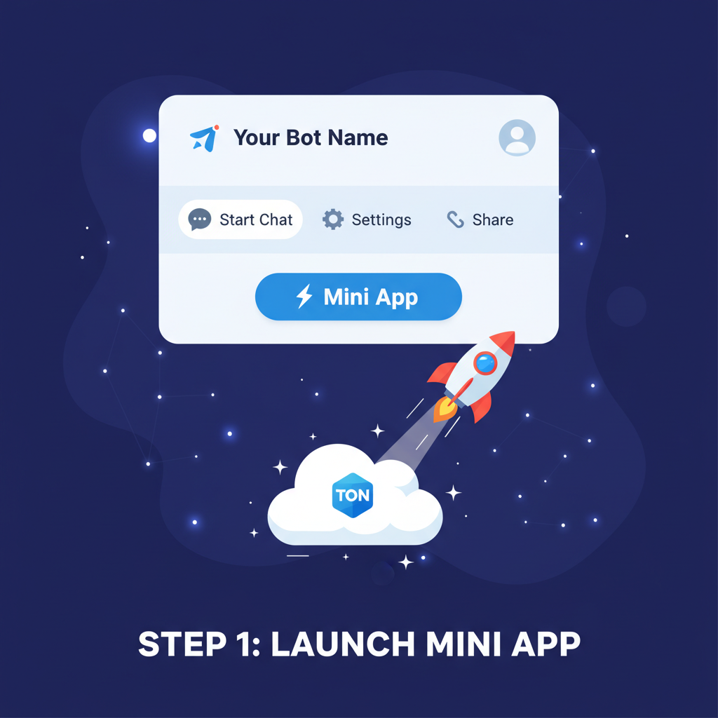 Telegram bot menu with Mini App button, deployment rocket launching to cloud, starry TON background