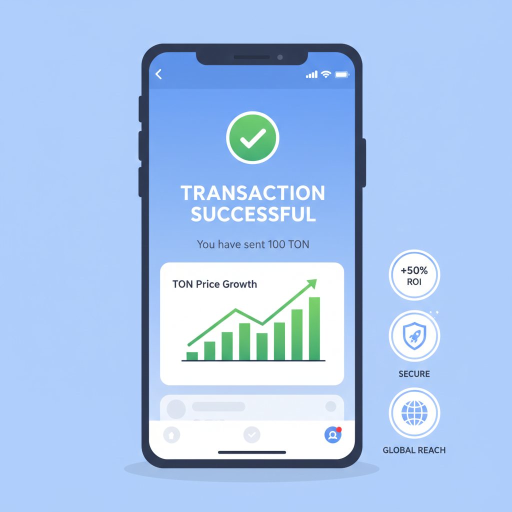 successful TON transaction on mobile Telegram screen, charts rising, futuristic success metrics