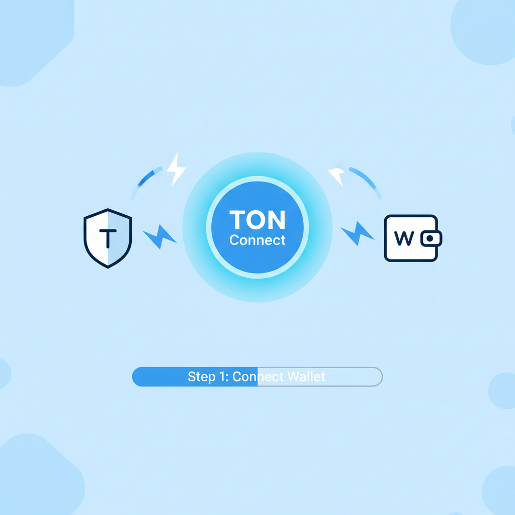 TON Connect button glowing blue, wallet icons connecting via lightning bolts, minimalist UI