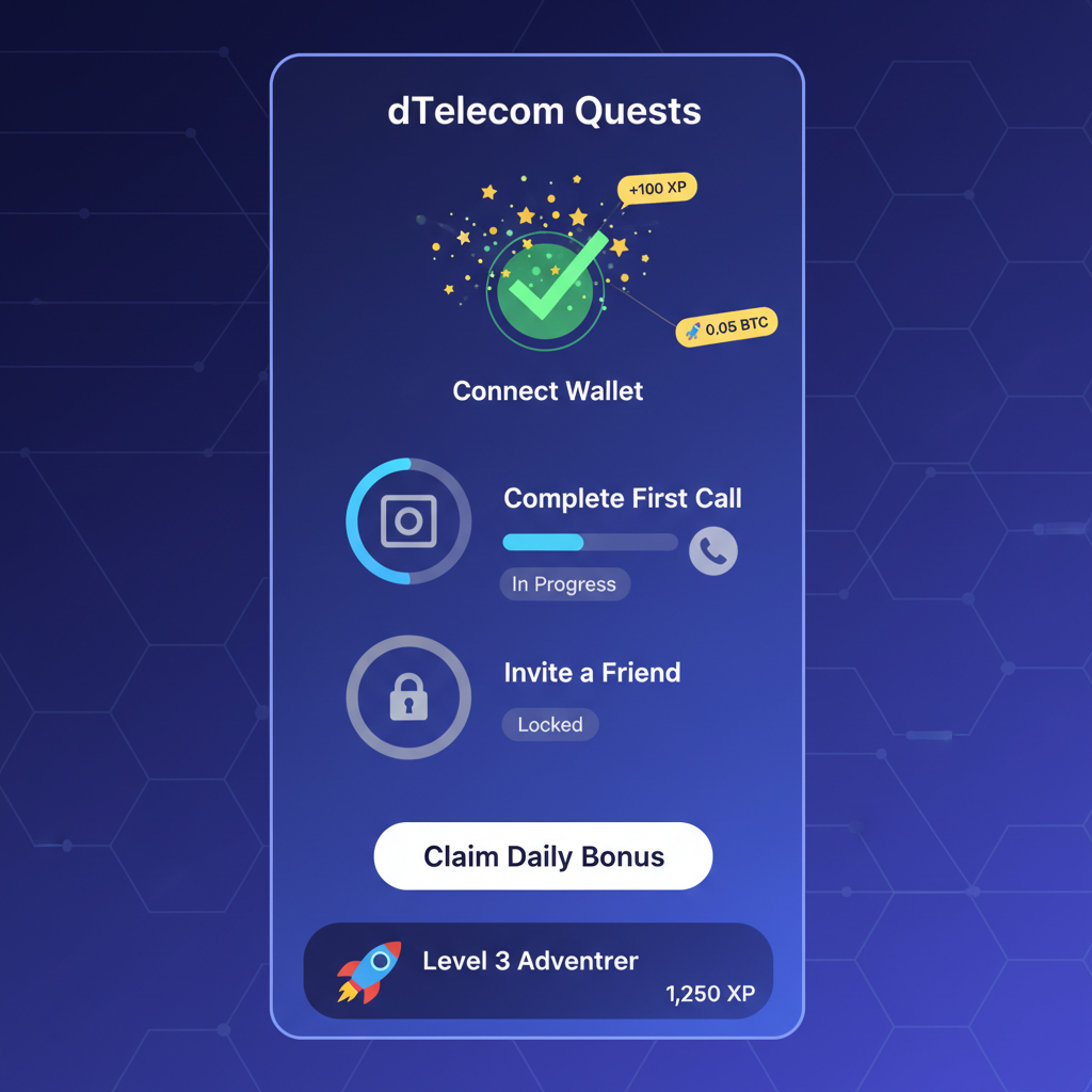 gamified quest interface on dTelecom app, checkmarks and points exploding, energetic crypto UI