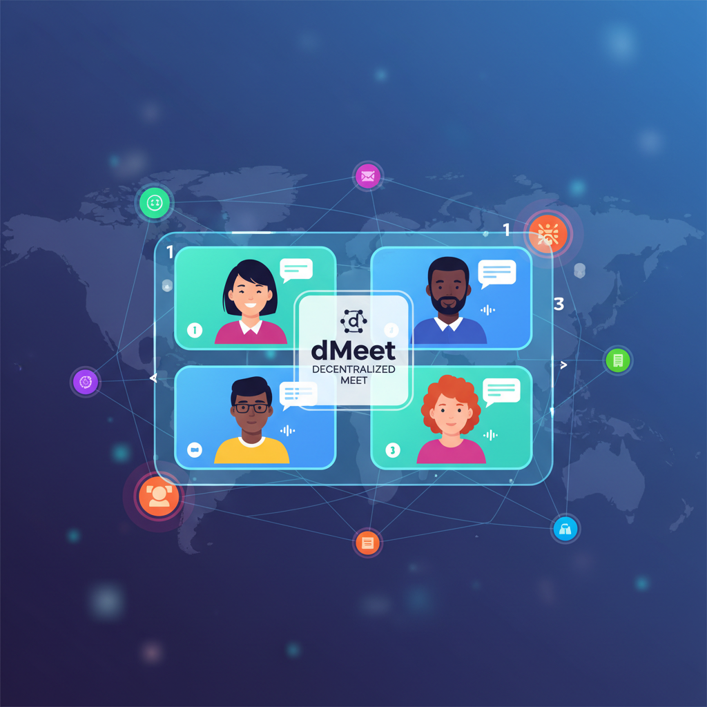 diverse group in video call on dMeet app, decentralized nodes connecting globally, vibrant holographic screens