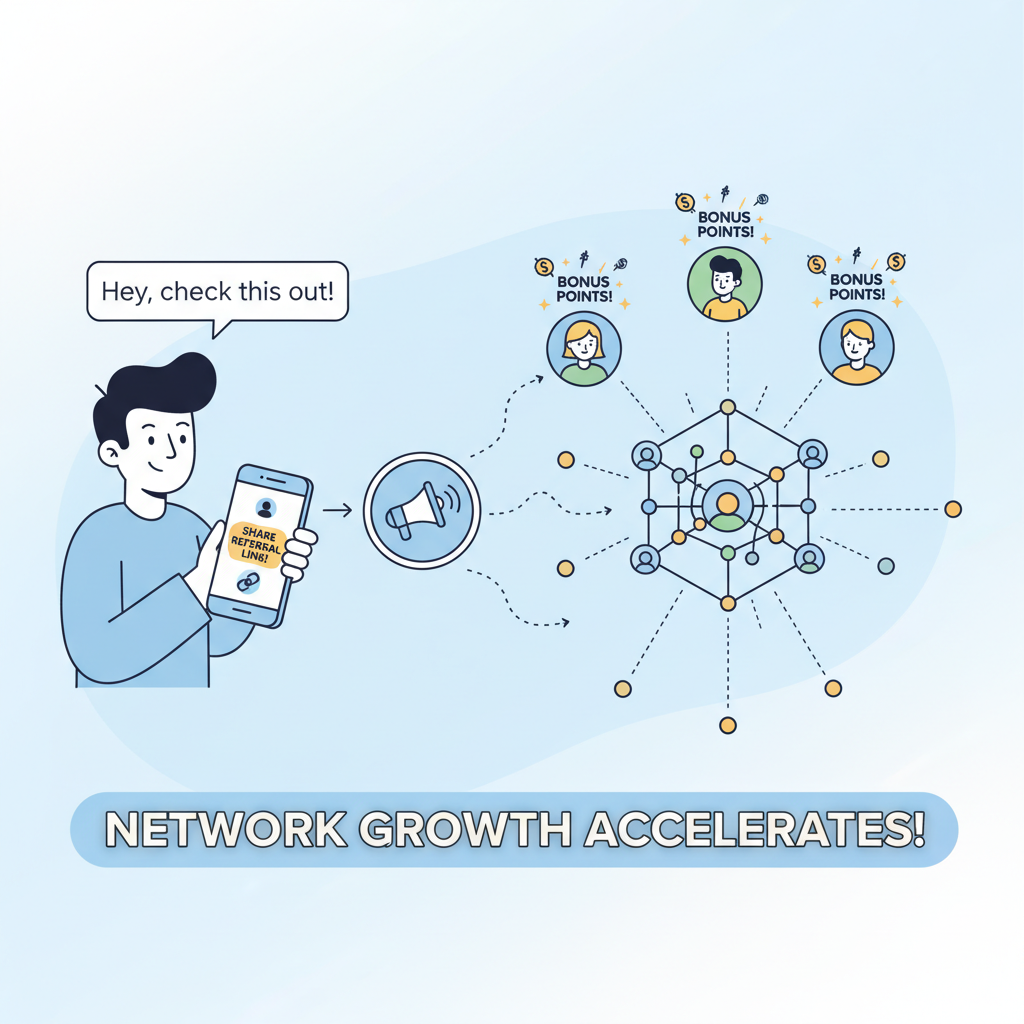 person sharing referral link on social media, friends joining with exploding bonus points, network growth visualization