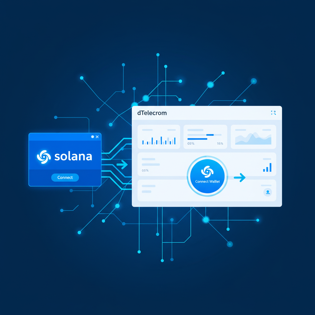 user connecting Solana wallet to sleek dTelecom dashboard, futuristic blue neon Solana blockchain vibes
