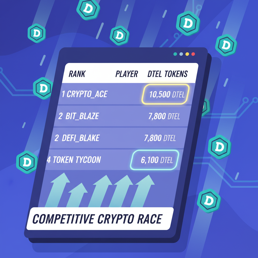 dynamic leaderboard dashboard climbing ranks, DTEL tokens raining down, competitive crypto race theme