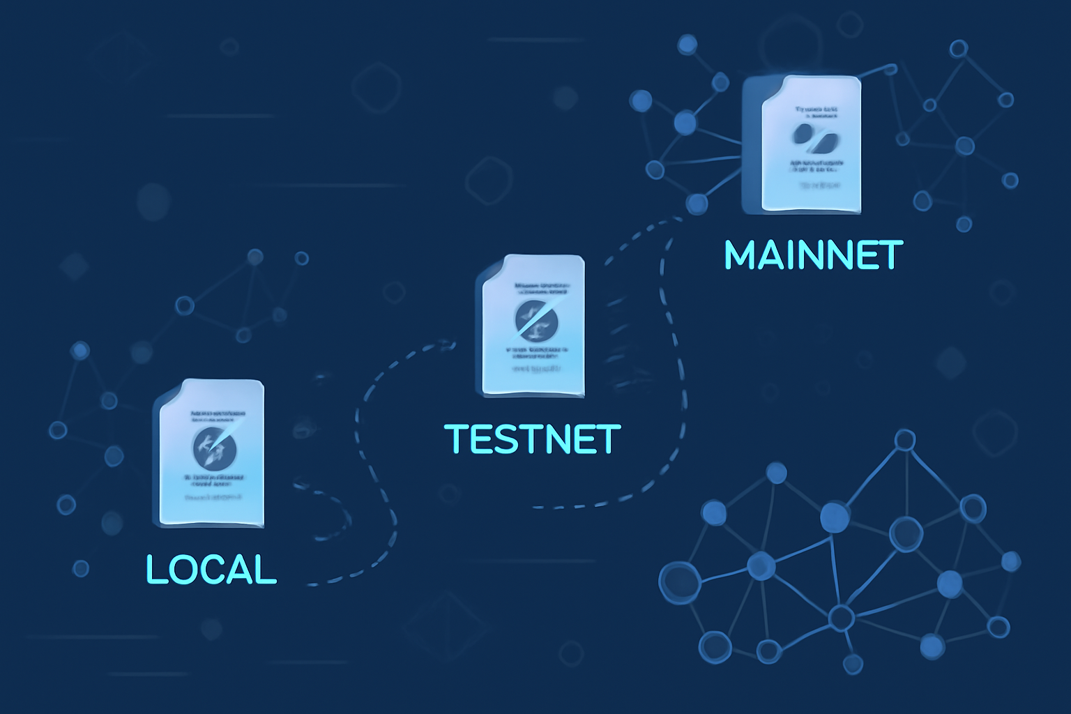 A digital map showing a journey from 'local' to 'testnet' to 'mainnet', with contract icons and network nodes. Futuristic, blockchain-inspired style.