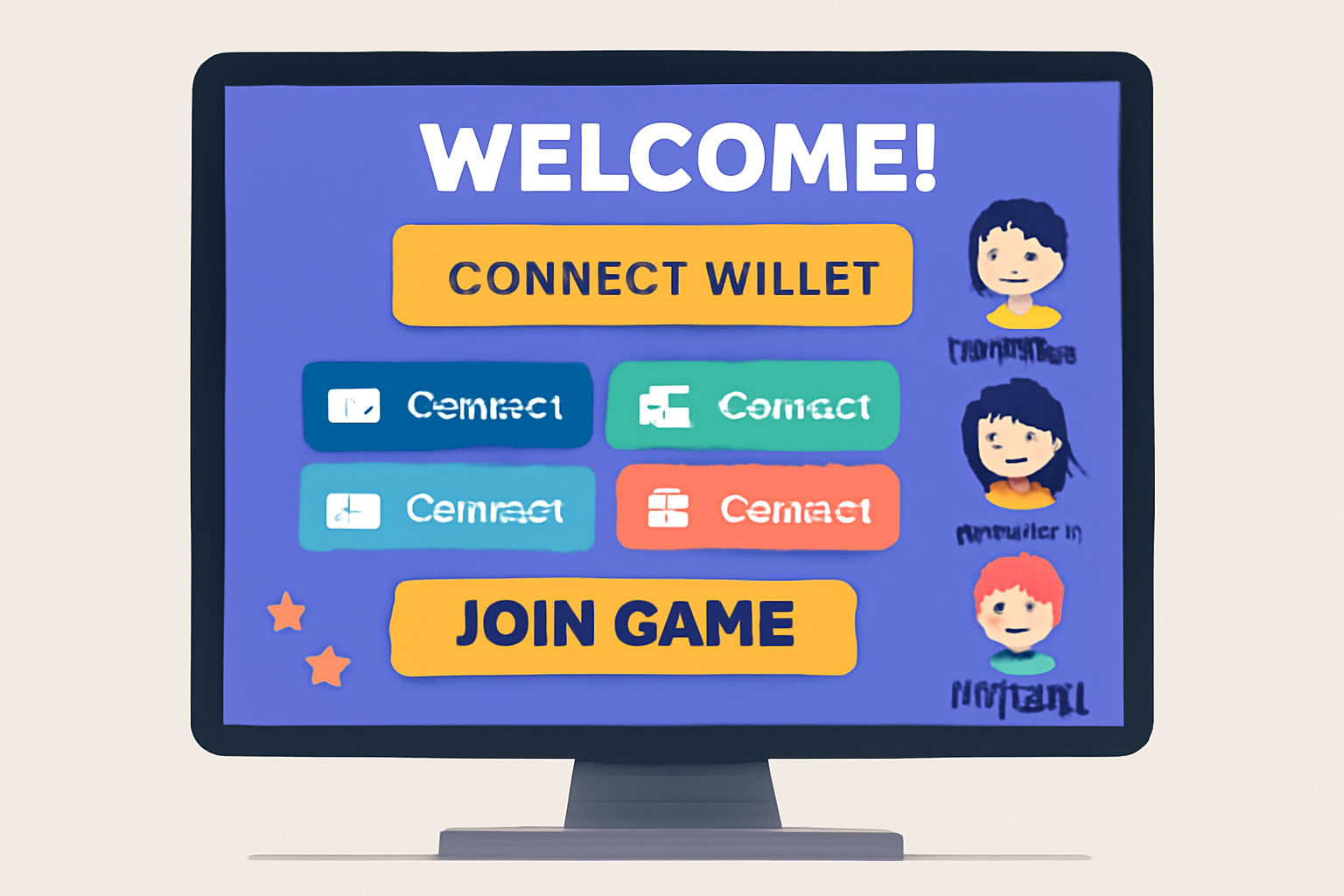 A vibrant game interface on a computer screen, with wallet connection icons and players joining the game. Welcoming, colorful, and interactive.