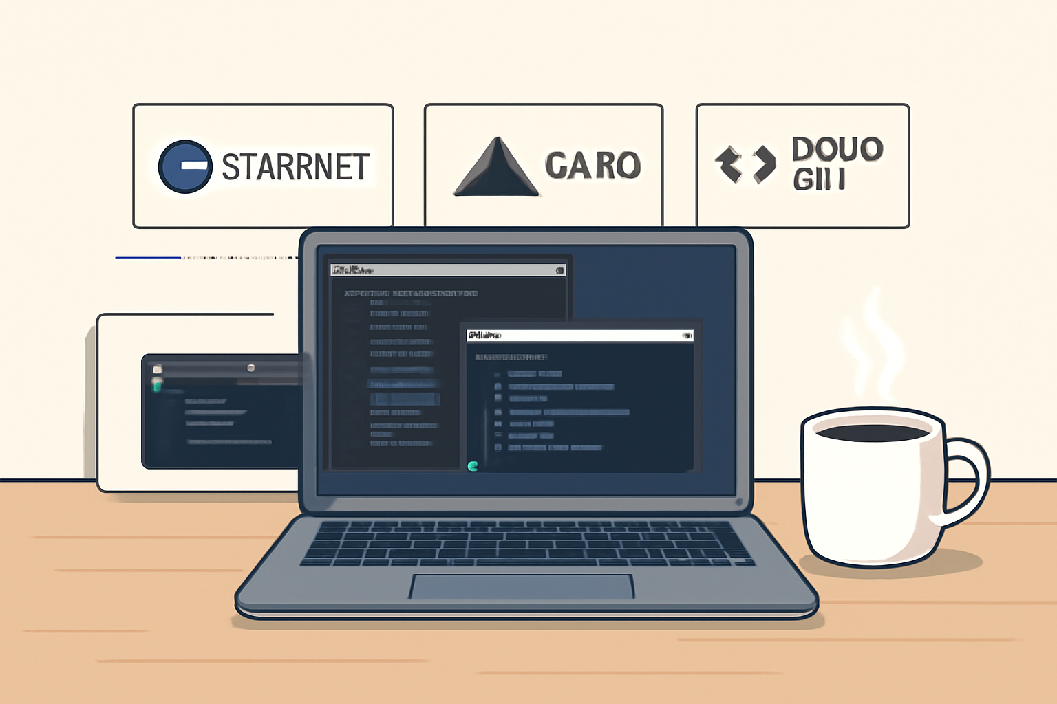 A developer's desk with a laptop displaying terminal windows, logos of Starknet, Cairo, and Dojo CLI, and a cup of coffee. Clean, modern, and inviting workspace.