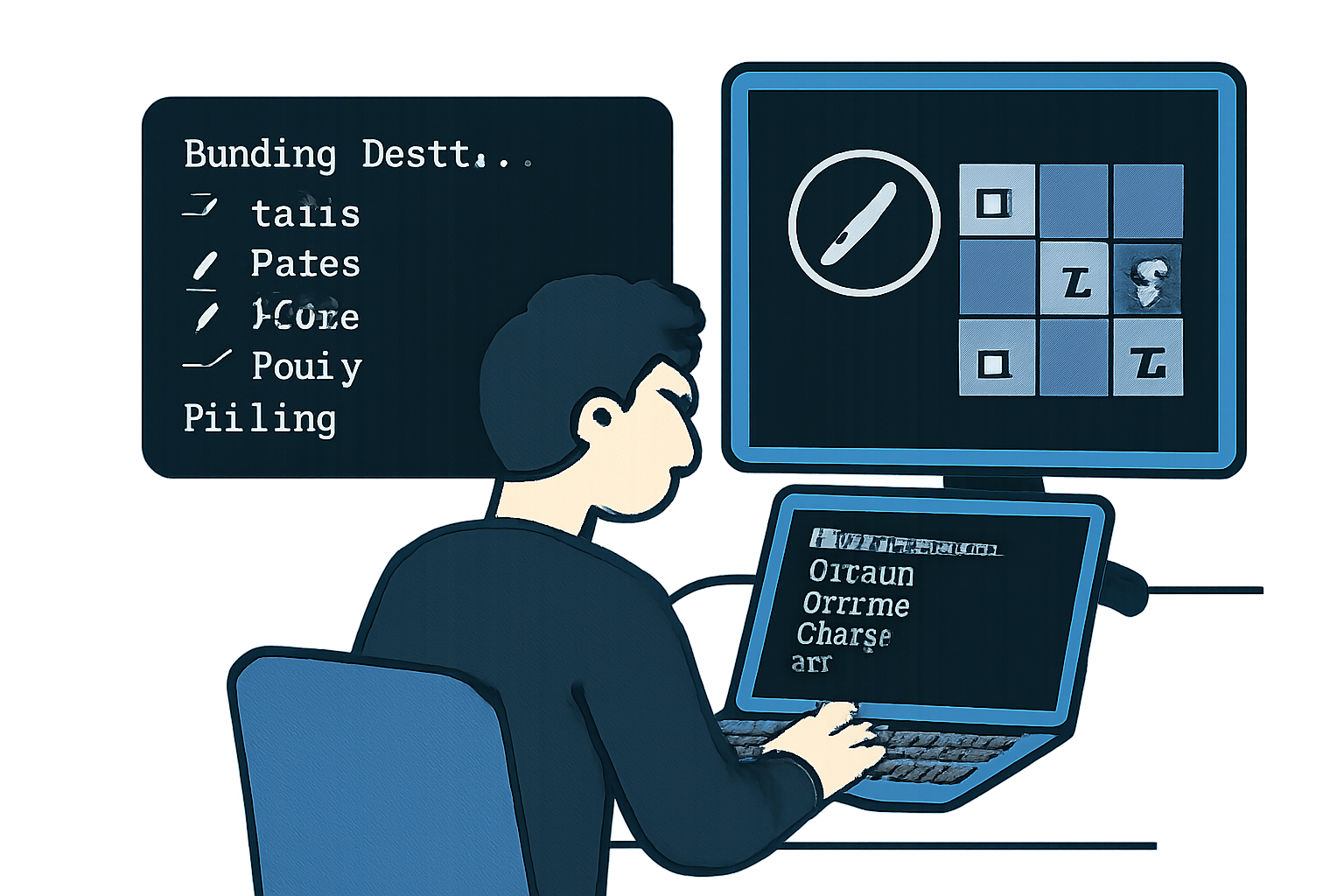 A developer running tests in a terminal, with a Katana logo and a virtual gameboard showing simulated moves. Interactive, technical vibe.
