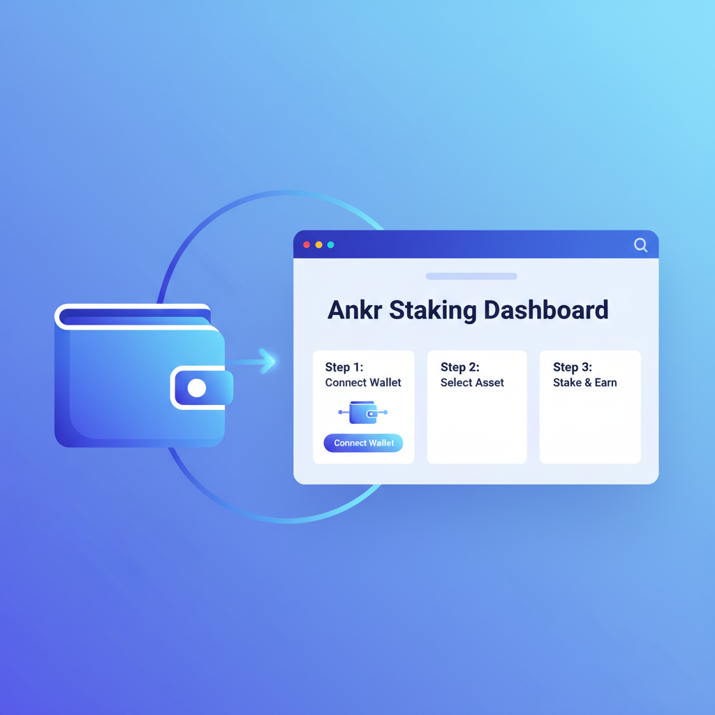 wallet icon connecting to Ankr staking dashboard on sleek web interface, crypto blue tones