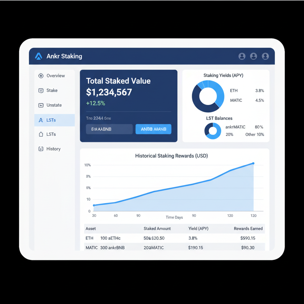 Ankr dashboard screen showing staking yields, charts, and LST balances, modern UI