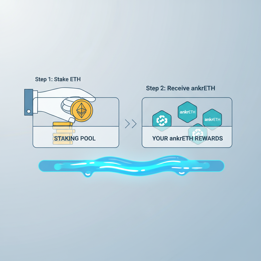 user staking ETH coins transforming into ankrETH tokens, glowing liquid effect