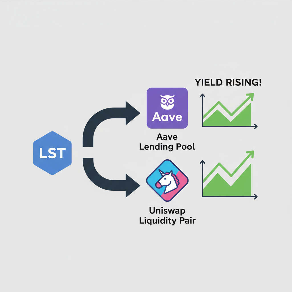 LST tokens being supplied to Aave lending pool or Uniswap liquidity pair, yield charts rising