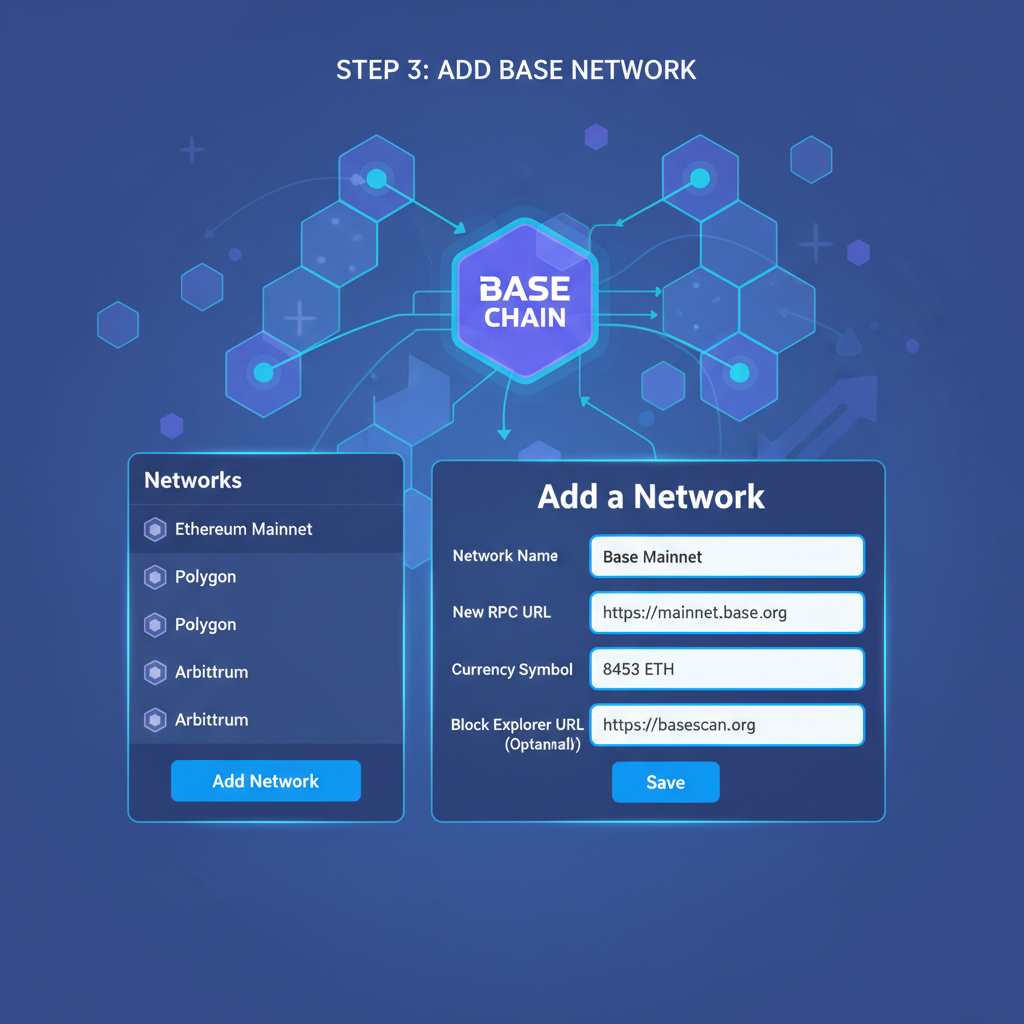 MetaMask network settings adding Base chain, clean UI screenshot style, futuristic network nodes connecting