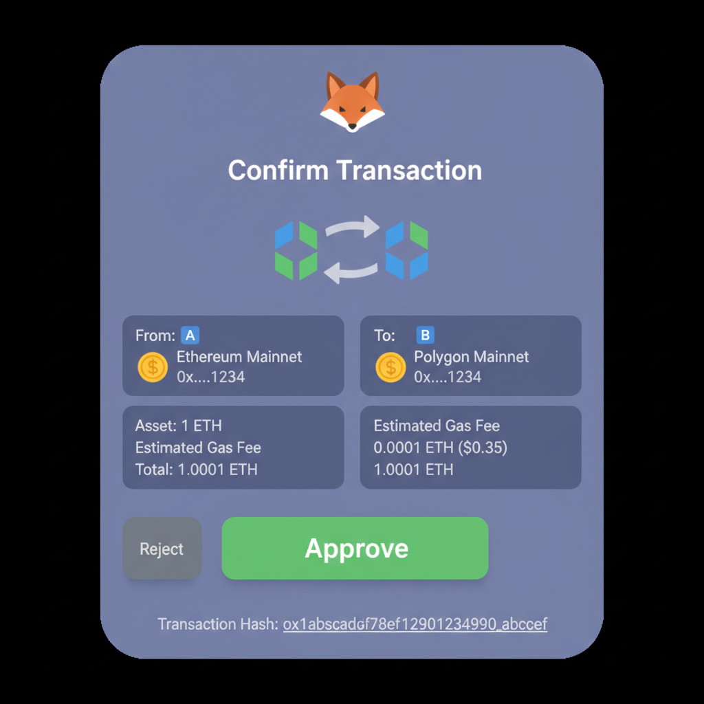 MetaMask transaction confirmation screen for bridging, green approve button, transaction hash visible