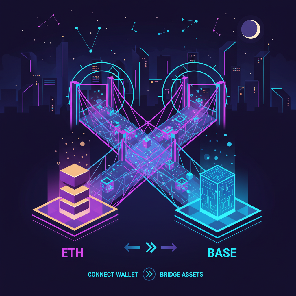 glowing ETH bridge to Base network, neon blockchain portal, cyberpunk style