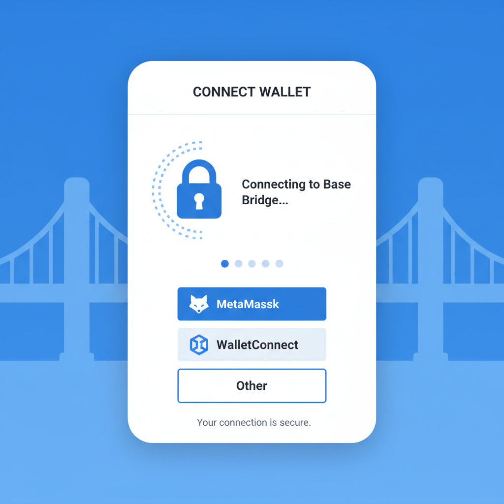 Wallet connection popup on Base Bridge, secure lock icon, dynamic connection animation
