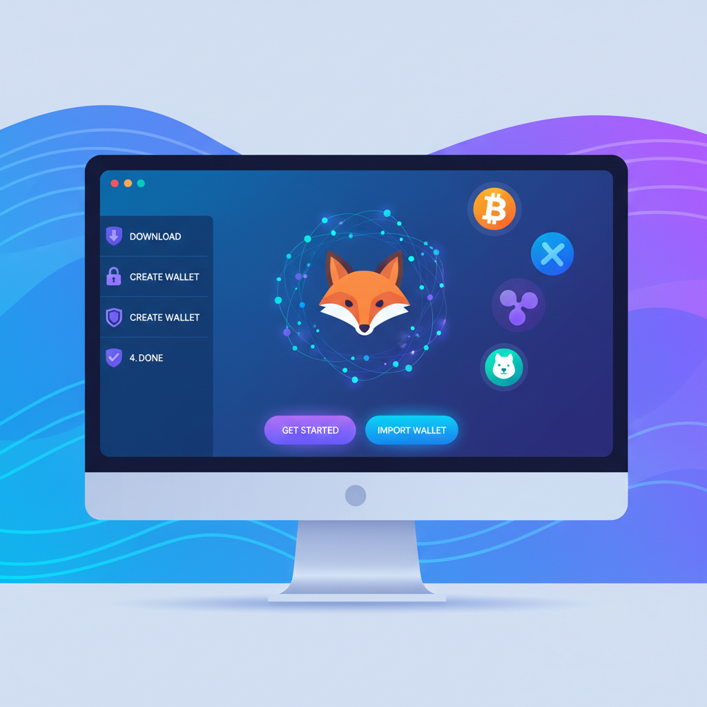 Vibrant MetaMask wallet setup screen on desktop, crypto icons glowing, energetic blue and purple tones