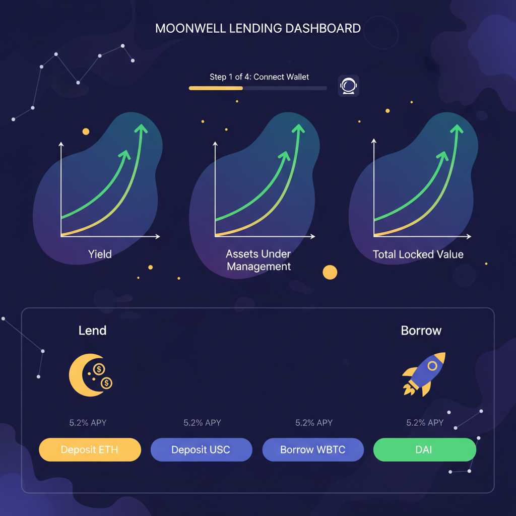 Moonwell lending dashboard with growing yield graphs, space-themed DeFi interface