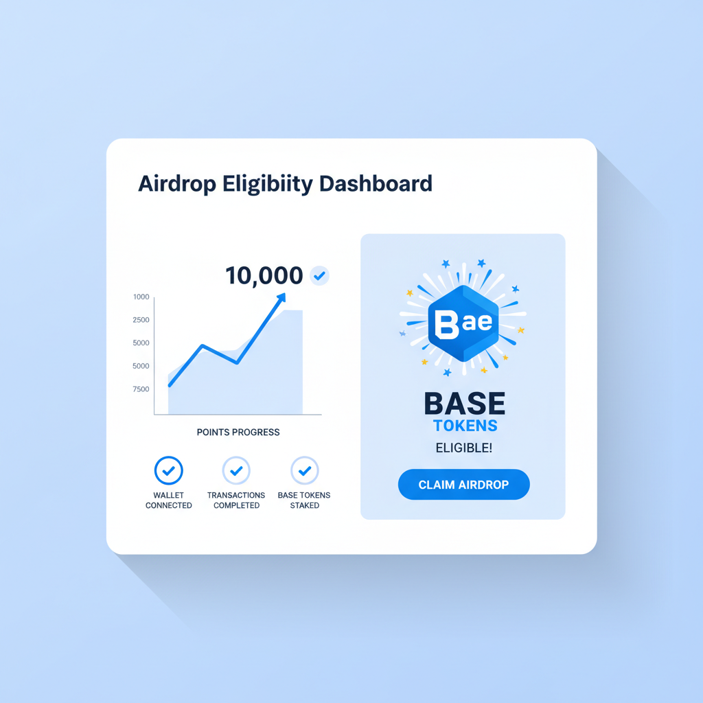 airdrop eligibility dashboard with rising points graph, Base token fireworks