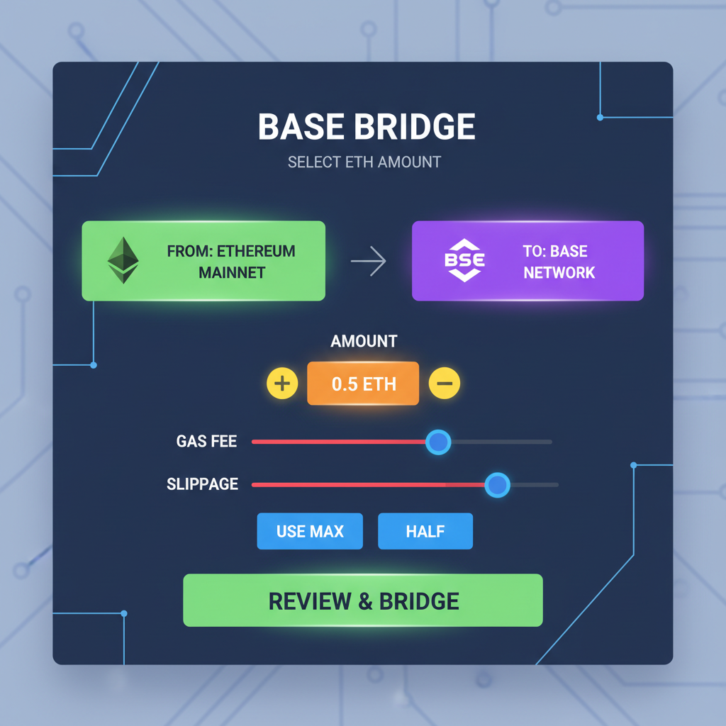 Base Bridge form selecting ETH amount, sliders and buttons highlighted, high-tech dashboard vibe
