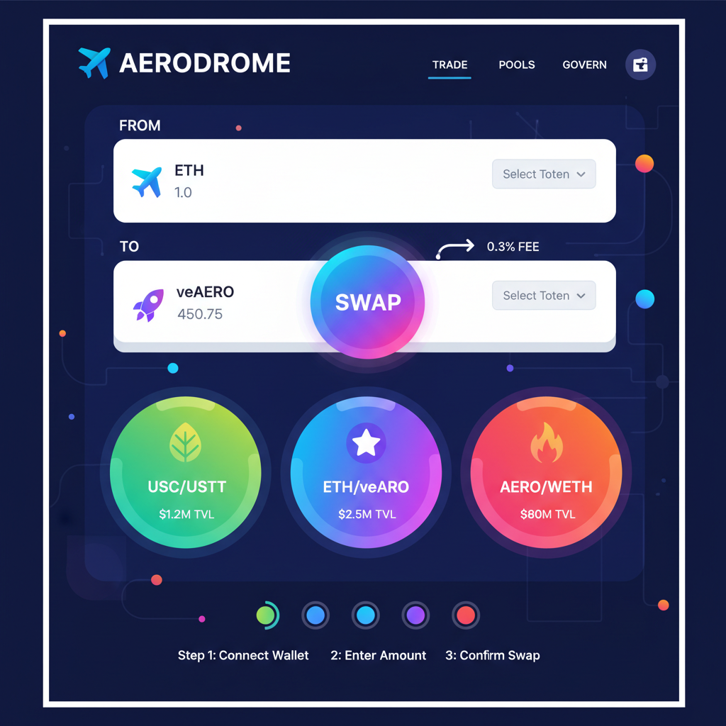 vibrant token swap interface on Aerodrome DEX, colorful liquidity pools, futuristic UI