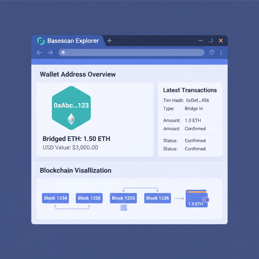 Basescan explorer showing bridged ETH in wallet, transaction details, blockchain visualization